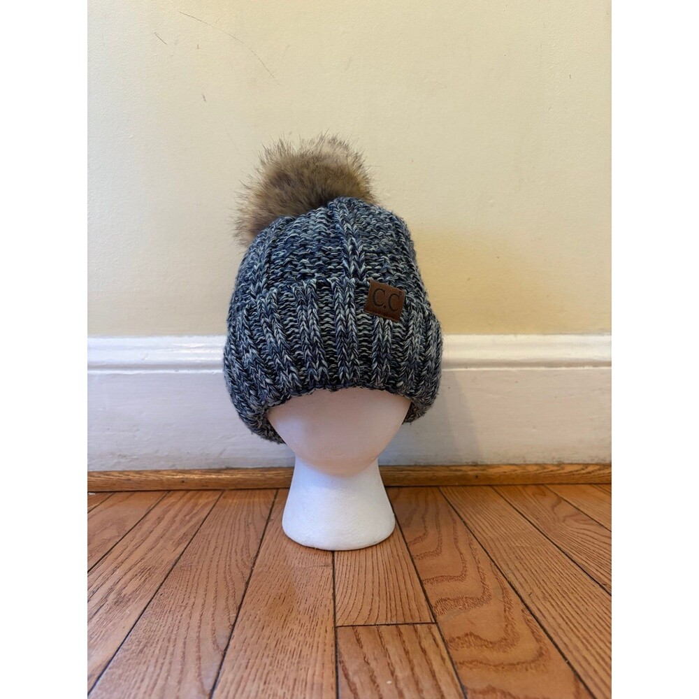 Women’s boutique beanie pom-pom heathered blue stretchy faux fur C.C brand